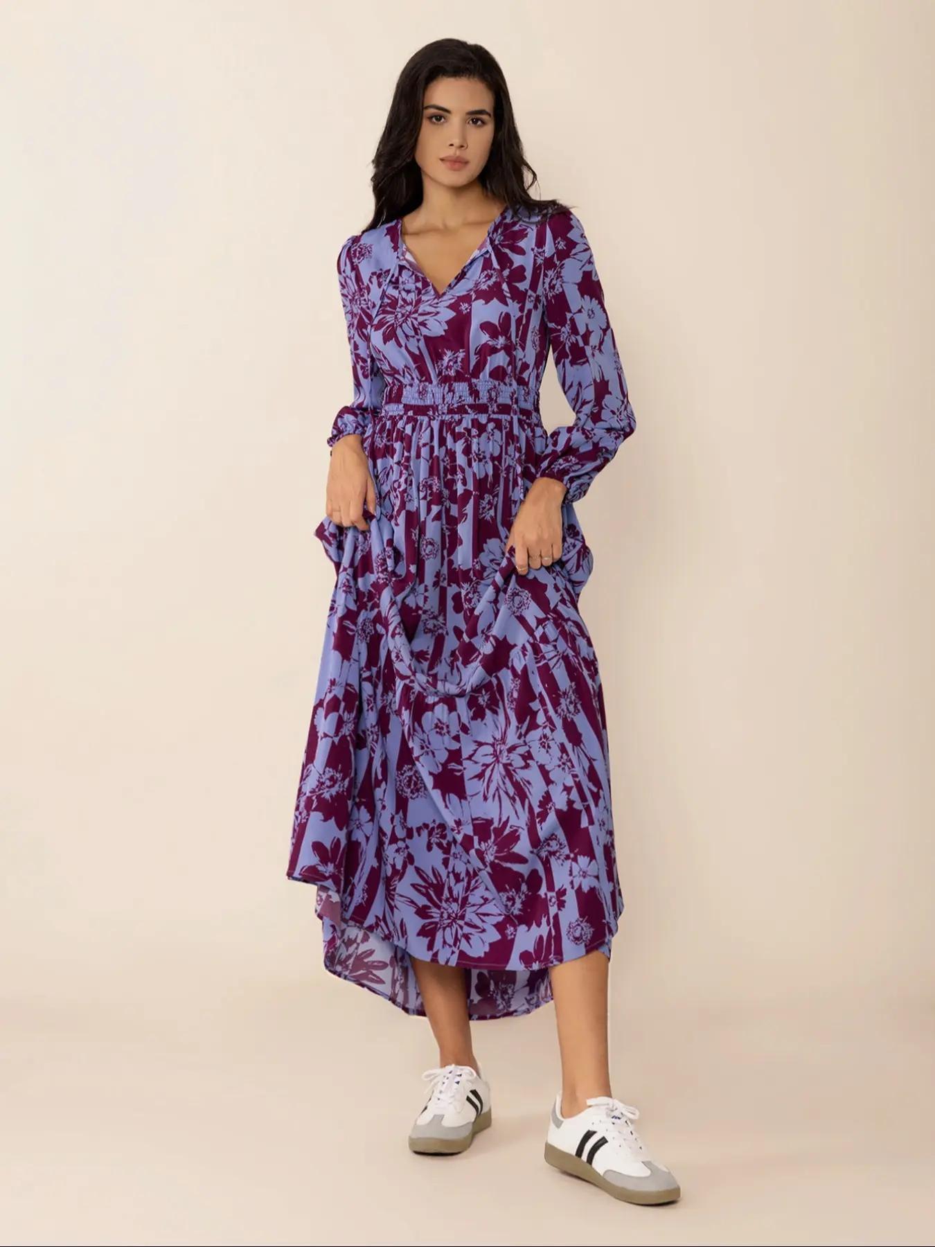 Women's Boho Floral Print Lantern Sleeve Dress with Fitted Waist Adjustable Tie Design, Comfortable Casual Long Sleeve Dress for Fall & Winter, Bohemian, Womenswear Women's Boho Floral Print Lantern Sleeve Dress with Fitted Waist Adjustable Tie Design, Comfortable Casual Long Sleeve Dress for Fall & Winter, Bohemian, Womenswear