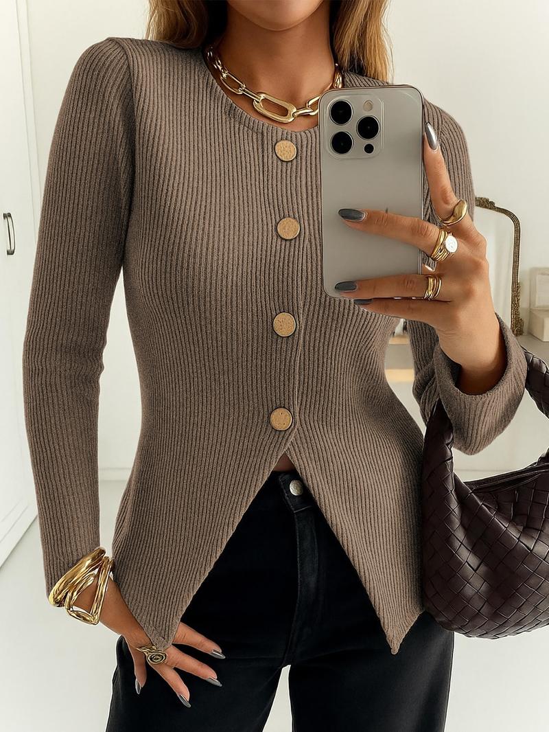 Women's Casual Elegant Ribbed Knit Button Long Sleeve Top, Fitted Plain Design, All Season Wear, Moderate Fabric Thickness Women's Casual Elegant Ribbed Knit Button Long Sleeve Top, Fitted Plain Design, All Season Wear, Moderate Fabric Thickness