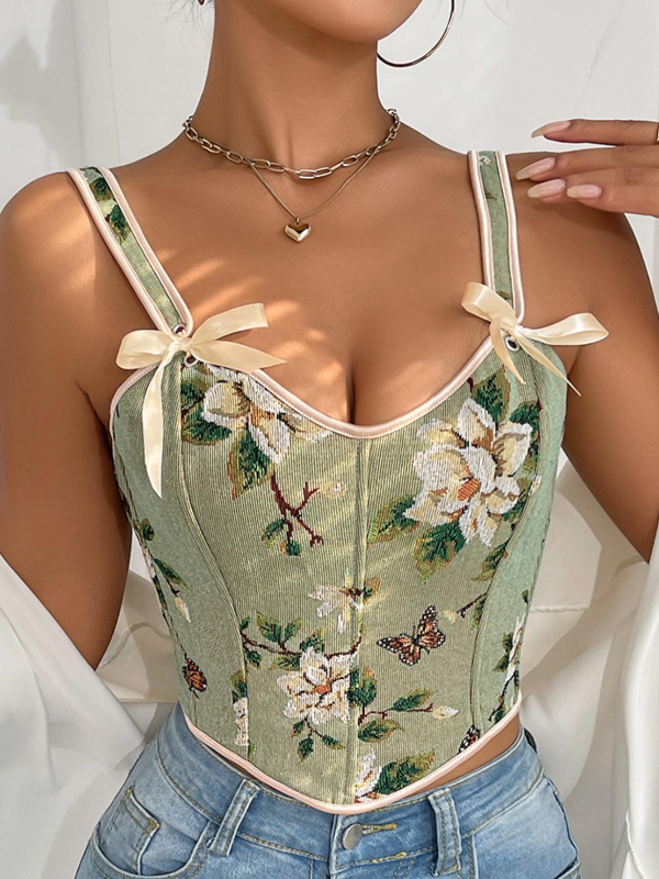 Women's Floral Print Adjustable Lace Up Corset Structure Shapewear Tank Top, Fashionable Bow Decor Shapewear Top for Daily Wear, Tummy Control Shaper for Women Women's Floral Print Adjustable Lace Up Corset Structure Shapewear Tank Top, Fashionable Bow Decor Shapewear Top for Daily Wear, Tummy Control Shaper for Women