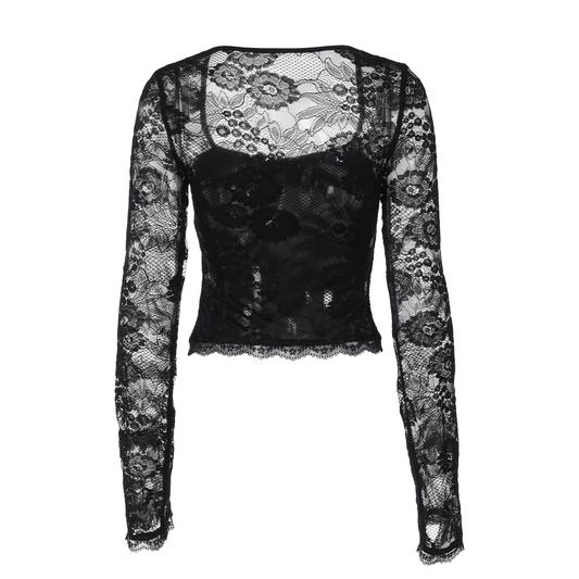 Women's Solid Color Lace Floral Spliced Ruffles Trim Sheer Long Sleeve Tee, Sexy Flower Pattern Designed Slim-fit T-shirt for Party Club Holiday, Ladies Summer Clothes, Top Women's Solid Color Lace Floral Spliced Ruffles Trim Sheer Long Sleeve Tee, Sexy Flower Pattern Designed Slim-fit T-shirt for Party Club Holiday, Ladies Summer Clothes, Top
