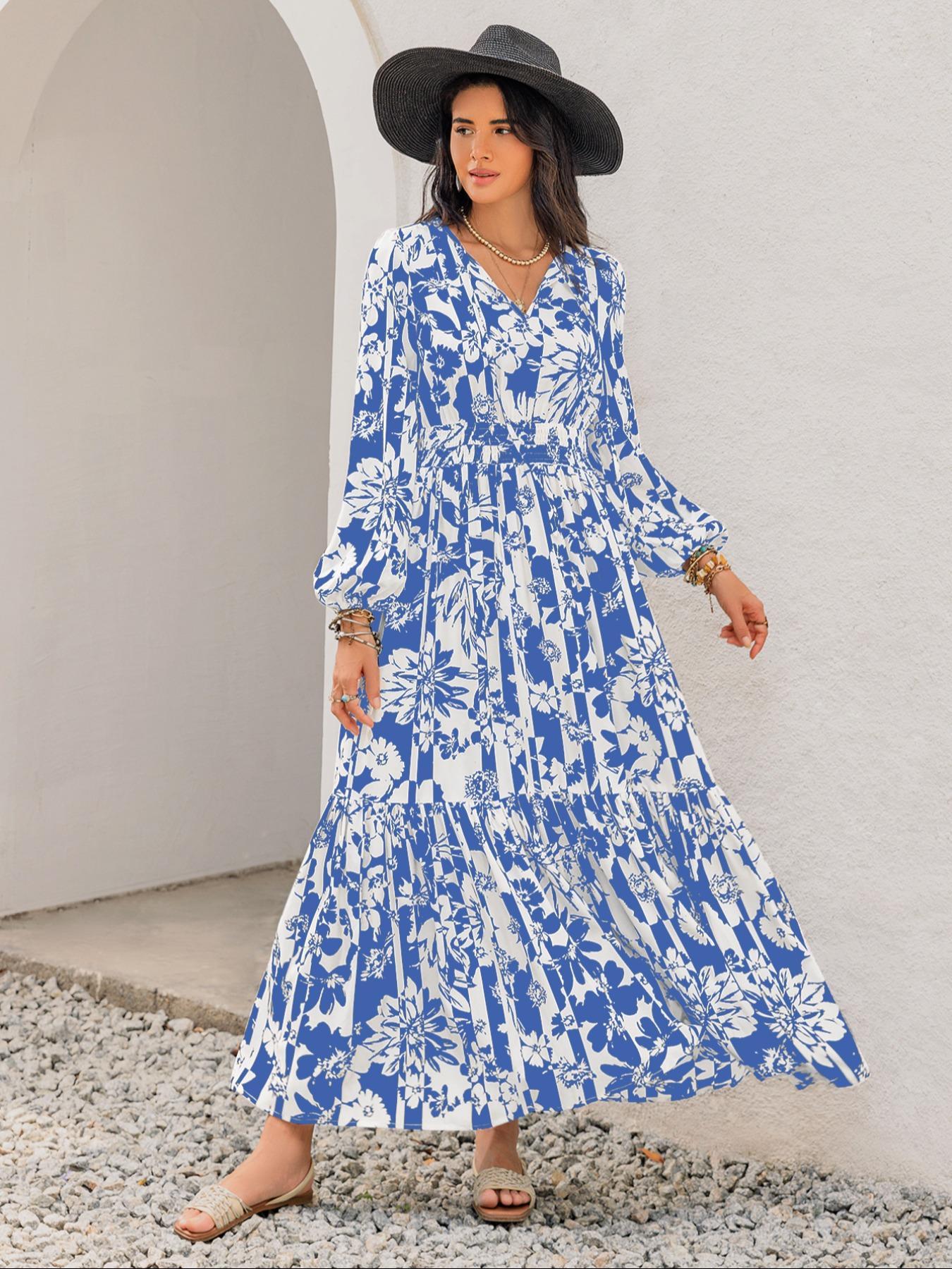 Women's Boho Floral Print Lantern Sleeve Dress with Fitted Waist Adjustable Tie Design, Comfortable Casual Long Sleeve Dress for Fall & Winter, Bohemian, Womenswear Women's Boho Floral Print Lantern Sleeve Dress with Fitted Waist Adjustable Tie Design, Comfortable Casual Long Sleeve Dress for Fall & Winter, Bohemian, Womenswear