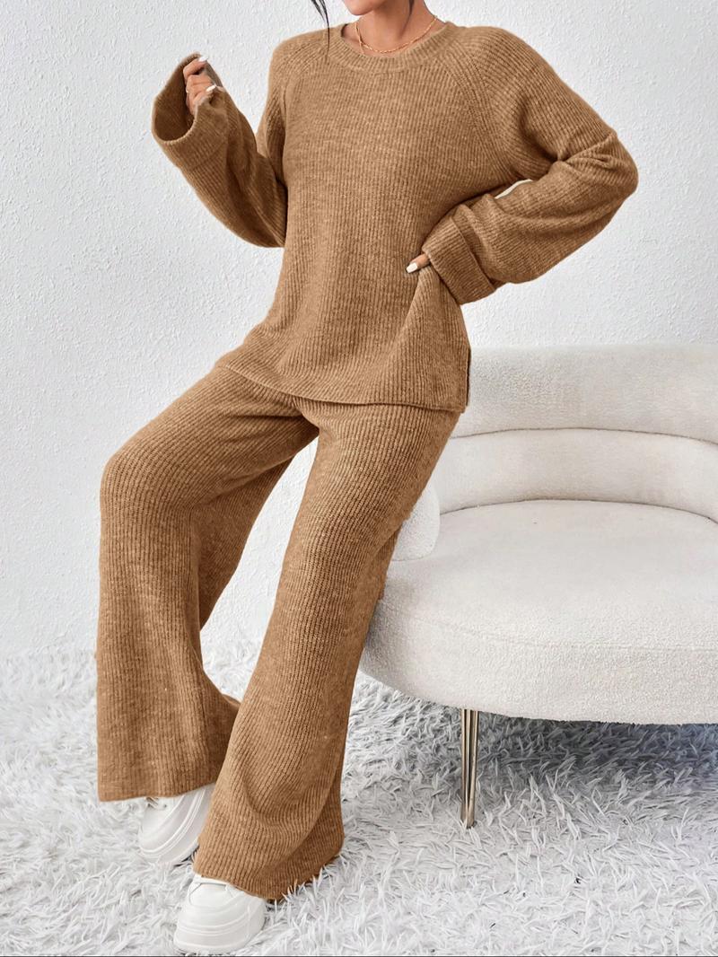 Women's Raglan Sleeve Split Sweater & Elastic Waist Pants Set, Basic Round Neck Top & Pants Sweater Set, Women's Autumn & Winter Clothing for Daily Wear.