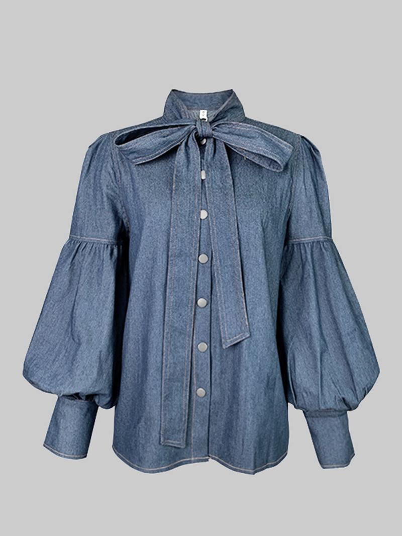 Women's Denim-effect Print Tie Neck Shirt, Chic Casual Long Sleeve Top for Daily Wear, Ladies Clothes for All Seasons Women's Denim-effect Print Tie Neck Shirt, Chic Casual Long Sleeve Top for Daily Wear, Ladies Clothes for All Seasons