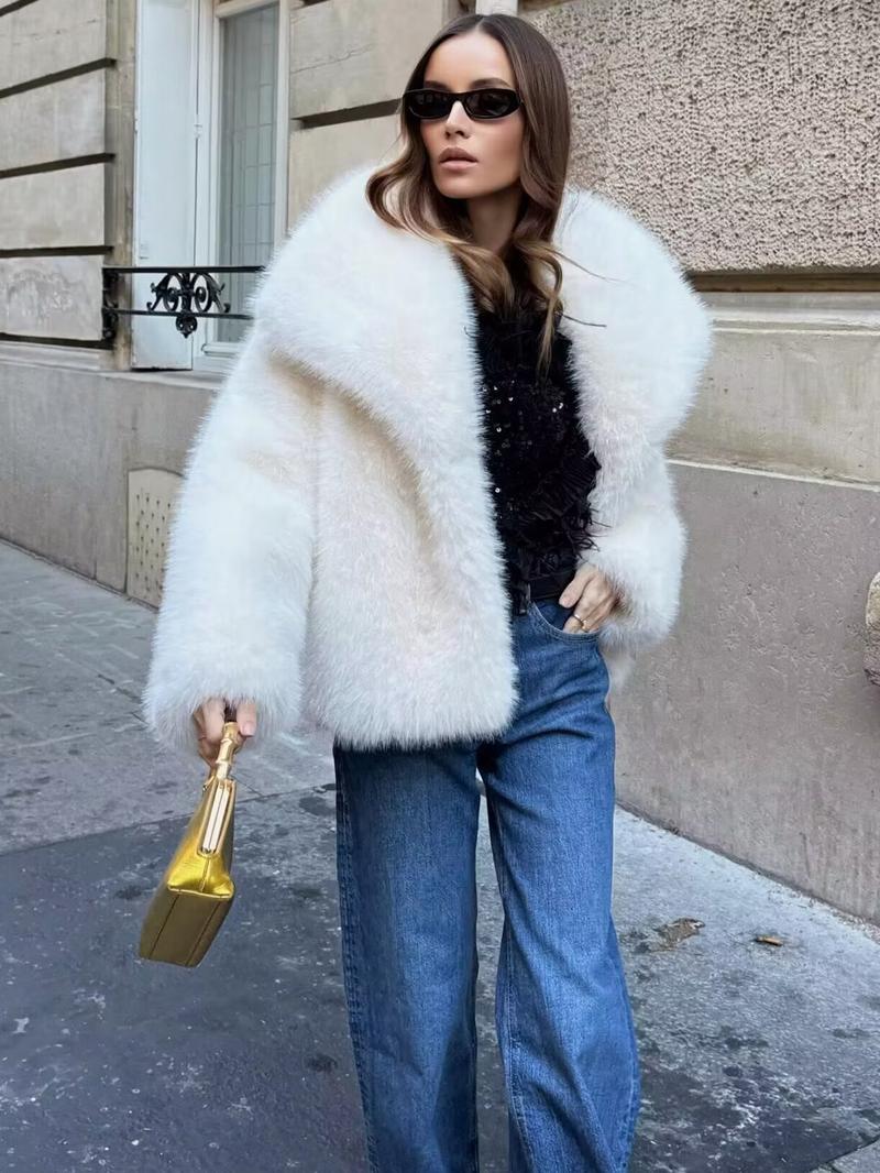Women's Solid Color Faux Fur Fuzzy Jacket, Casual Long Sleeve Collared Fuzzy Coat for Fall & Winter, Women's Clothing for Daily Wear, Cute Tops Women's Solid Color Faux Fur Fuzzy Jacket, Casual Long Sleeve Collared Fuzzy Coat for Fall & Winter, Women's Clothing for Daily Wear, Cute Tops