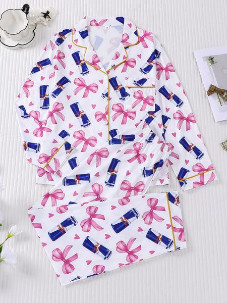 women's 2-piece set with bow and heart design, long sleeve top, long pants with small pockets, comfortable, Soft-Touch Fabric, elastic waistband, suitable for all seasons, casual loungewear, pajamas women's 2-piece set with bow and heart design, long sleeve top, long pants with small pockets, comfortable, Soft-Touch Fabric, elastic waistband, suitable for all seasons, casual loungewear, pajamas