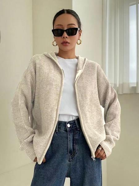 Women's Solid Color Zip Up Hooded Sweater Cardigan, Casual Long Sleeve Knitwear for Fall & Winter, Fashion Ladies' Knit Clothing for Daily Wear