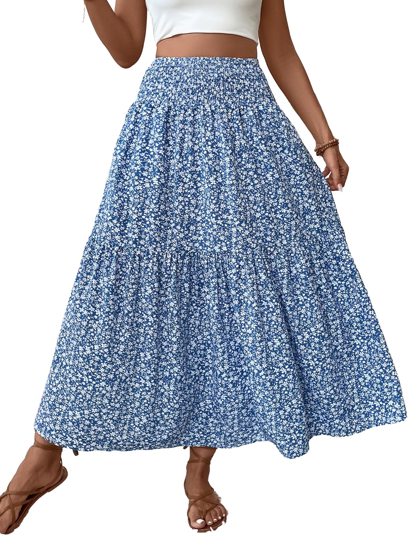 Women's Ditsy Floral Vintage Casual Vacation Layered A-Line Skirt, Elegant Long Skirt for Spring & Fall, All over Print Fitted Style Women's Ditsy Floral Vintage Casual Vacation Layered A-Line Skirt, Elegant Long Skirt for Spring & Fall, All over Print Fitted Style