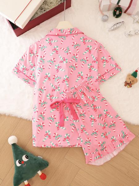 2 pieces of ladies' Christmas cane candy printed short sleeved shorts sleepwear set with buttons, collars, bows, suitable for comfortable and casual home wear in all seasons 2 pieces of ladies' Christmas cane candy printed short sleeved shorts sleepwear set with buttons, collars, bows, suitable for comfortable and casual home wear in all seasons