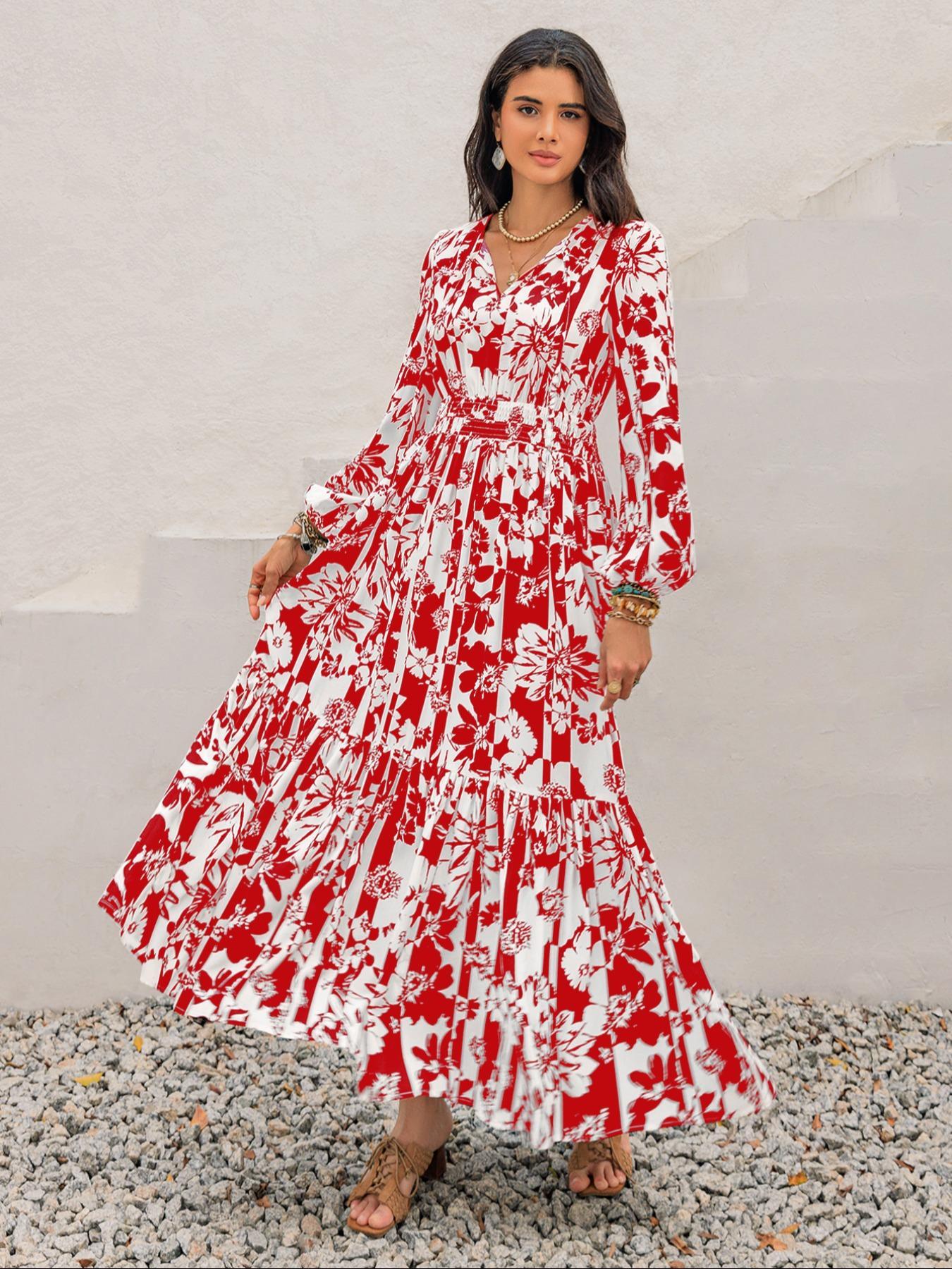Women's Boho Floral Print Lantern Sleeve Dress with Fitted Waist Adjustable Tie Design, Comfortable Casual Long Sleeve Dress for Fall & Winter, Bohemian, Womenswear Women's Boho Floral Print Lantern Sleeve Dress with Fitted Waist Adjustable Tie Design, Comfortable Casual Long Sleeve Dress for Fall & Winter, Bohemian, Womenswear