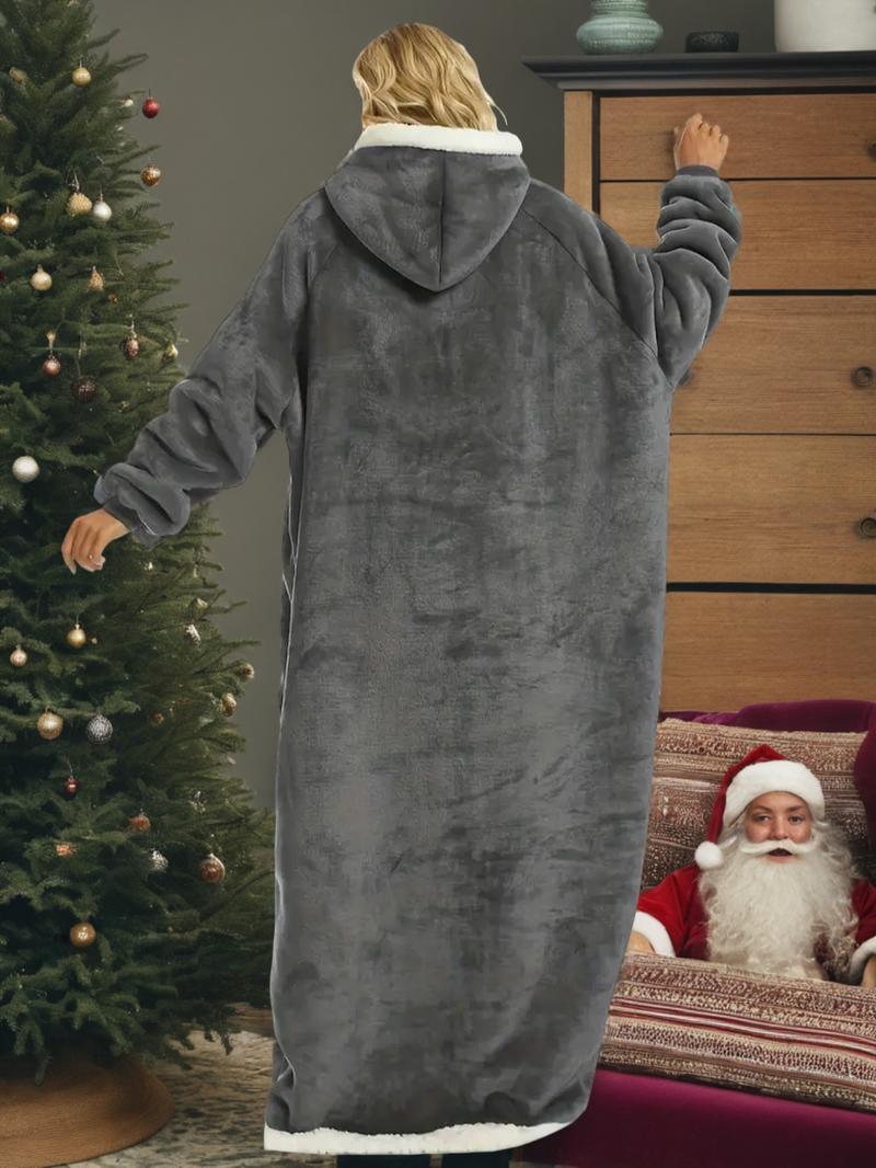 Autumn Winter Christmas Flannel Cotton Blend Hooded Long Robe, Soft Comfortable Homeewear with Vertical Pocket, Casual Plain Style