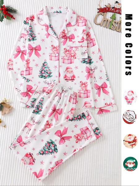 Two-piece Set Women's Christmas Print Button Front Pocket Shirt & Elastic Waist Pants Pyjama, Casual Comfy Long Sleeve Collared Top & Trousers Pyjama Set, Women's Sleepwear for Spring & Fall Two-piece Set Women's Christmas Print Button Front Pocket Shirt & Elastic Waist Pants Pyjama, Casual Comfy Long Sleeve Collared Top & Trousers Pyjama Set, Women's Sleepwear for Spring & Fall