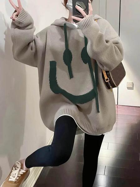 Women's Cartoon Face Print Drop Shoulder Hooded Sweater, Fashion Casual Long Sleeve Drawstring Hooded Sweater for Daily Holiday Outdoor Wear, Women Knitwear for Fall & Winter, Sweaters for Women Women's Cartoon Face Print Drop Shoulder Hooded Sweater, Fashion Casual Long Sleeve Drawstring Hooded Sweater for Daily Holiday Outdoor Wear, Women Knitwear for Fall & Winter, Sweaters for Women
