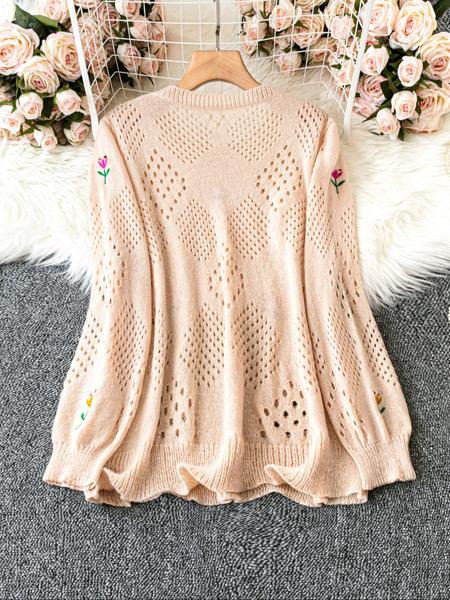 Plus Size Round Neck Floral Embroidery Hollow Out Casual Sweater, Stylish Women's Pullover for Spring & Fall Fashion