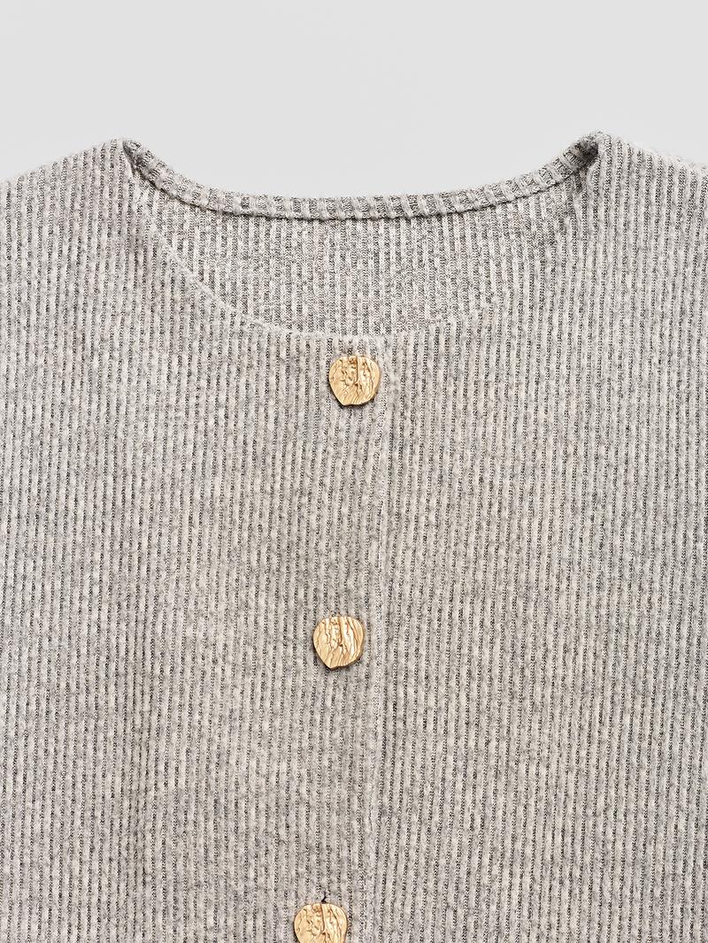 Women's Casual Elegant Ribbed Knit Button Long Sleeve Top, Fitted Plain Design, All Season Wear, Moderate Fabric Thickness Women's Casual Elegant Ribbed Knit Button Long Sleeve Top, Fitted Plain Design, All Season Wear, Moderate Fabric Thickness