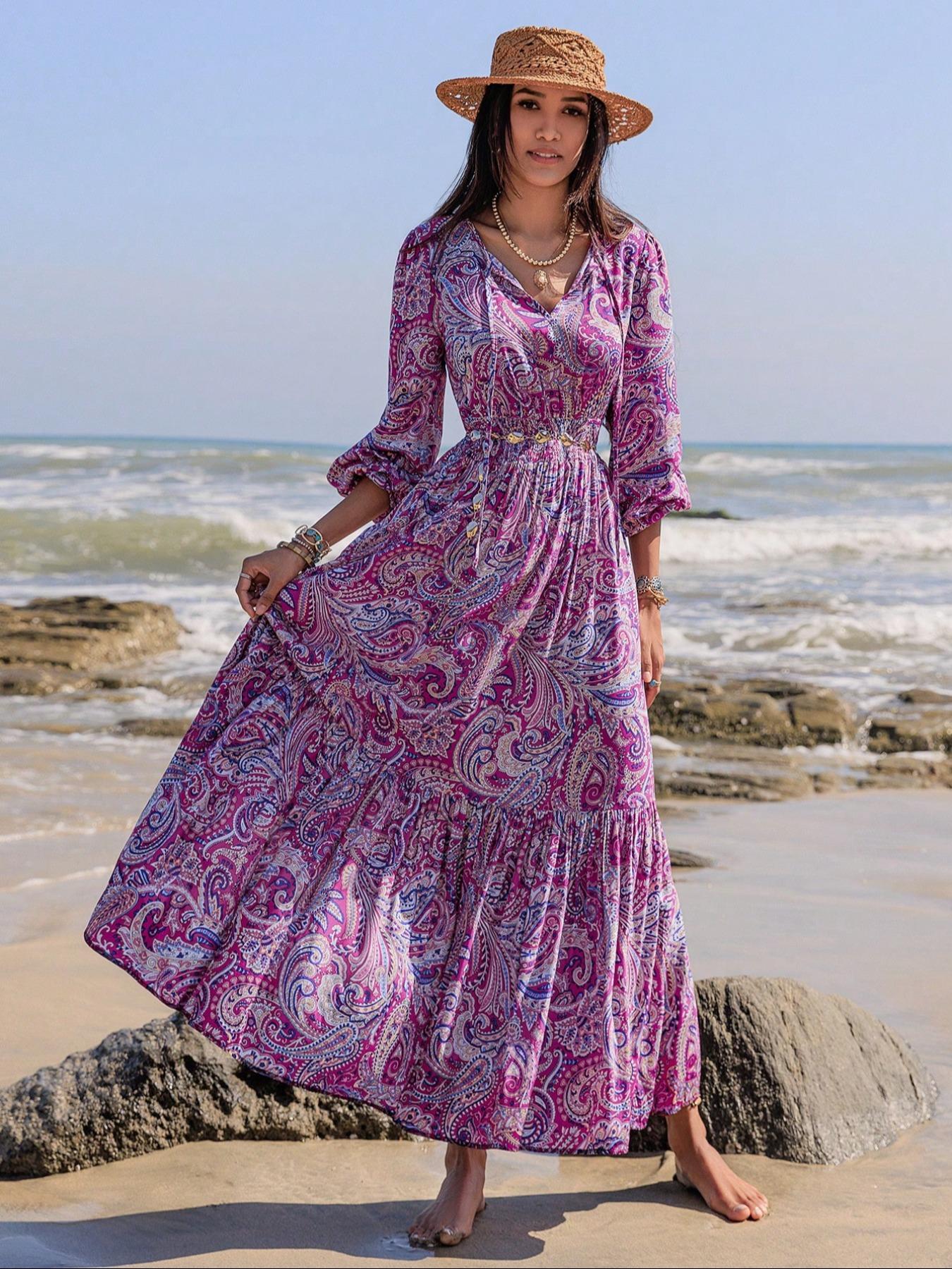 Women's Boho Floral Print Lantern Sleeve Dress with Fitted Waist Adjustable Tie Design, Comfortable Casual Long Sleeve Dress for Fall & Winter, Bohemian, Womenswear Women's Boho Floral Print Lantern Sleeve Dress with Fitted Waist Adjustable Tie Design, Comfortable Casual Long Sleeve Dress for Fall & Winter, Bohemian, Womenswear