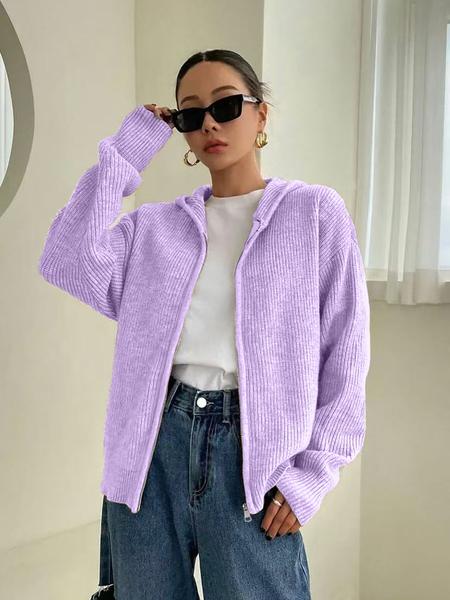 Women's Solid Color Zip Up Hooded Sweater Cardigan, Casual Long Sleeve Knitwear for Fall & Winter, Fashion Ladies' Knit Clothing for Daily Wear