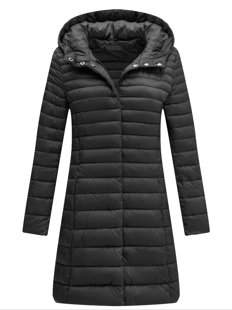 Women's Plus Size Puffer Jacket, Elegant Hooded Coat with Pocket, Warm Mid-Length Outerwear for Fall & Winter, Casual Fitted Style