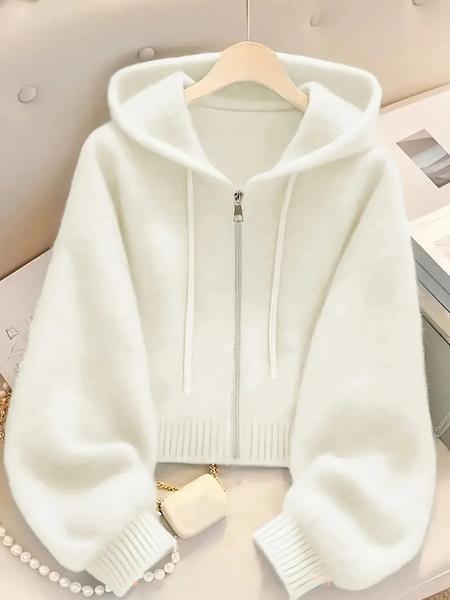 Long Sleeve Loose Knit Hoodie with Zipper Cardigan, Soft Comfortable Unique Design for Autumn & Winter Stylish Tops, Womenswear Long Sleeve Loose Knit Hoodie with Zipper Cardigan, Soft Comfortable Unique Design for Autumn & Winter Stylish Tops, Womenswear