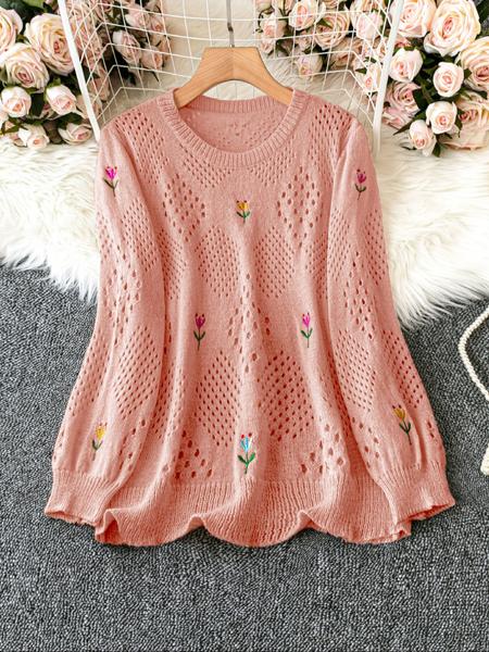 Plus Size Round Neck Floral Embroidery Hollow Out Casual Sweater, Stylish Women's Pullover for Spring & Fall Fashion