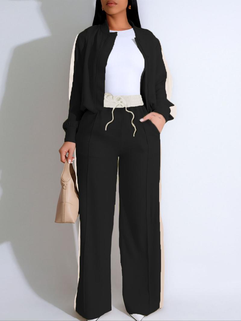 Two-piece Set Women's Patchwork Top & Wide Leg Pants Set, Casual Long Sleeve Outerwear & Pants for Daily Wear, Ladies Summer Clothes Two-piece Set Women's Patchwork Top & Wide Leg Pants Set, Casual Long Sleeve Outerwear & Pants for Daily Wear, Ladies Summer Clothes