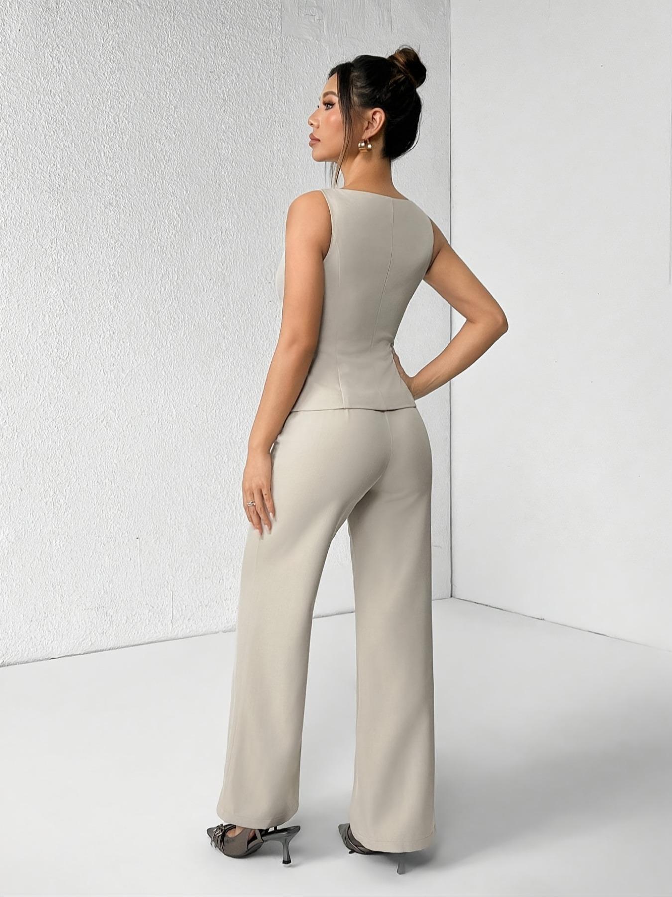 Women's Solid Button Front Sleeveless Tank Top & Wide Leg Pants Set, Casual Elegant Chic Minimalist Fashion Two-piece Set for Summer, Women's Clothing for Daily Wear, Suits, Office Siren Outfits, Casual Matching Set, Corporate Outfits Women Women's Solid Button Front Sleeveless Tank Top & Wide Leg Pants Set, Casual Elegant Chic Minimalist Fashion Two-piece Set for Summer, Women's Clothing for Daily Wear, Suits, Office Siren Outfits, Casual Matching Set, Corporate Outfits Women