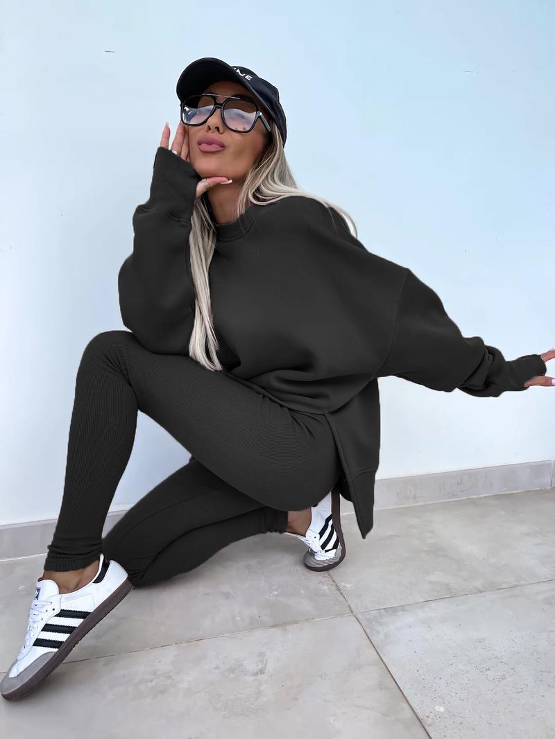 Oversize Two-Piece Set Women's  Split Hem Sweatshirt & Skinny Pants, Casual Fashion Cozy Round Neck Long Sleeve Pullover Women's Clothing for Fall & Basic Winter  Suits Womenswear Gamis
