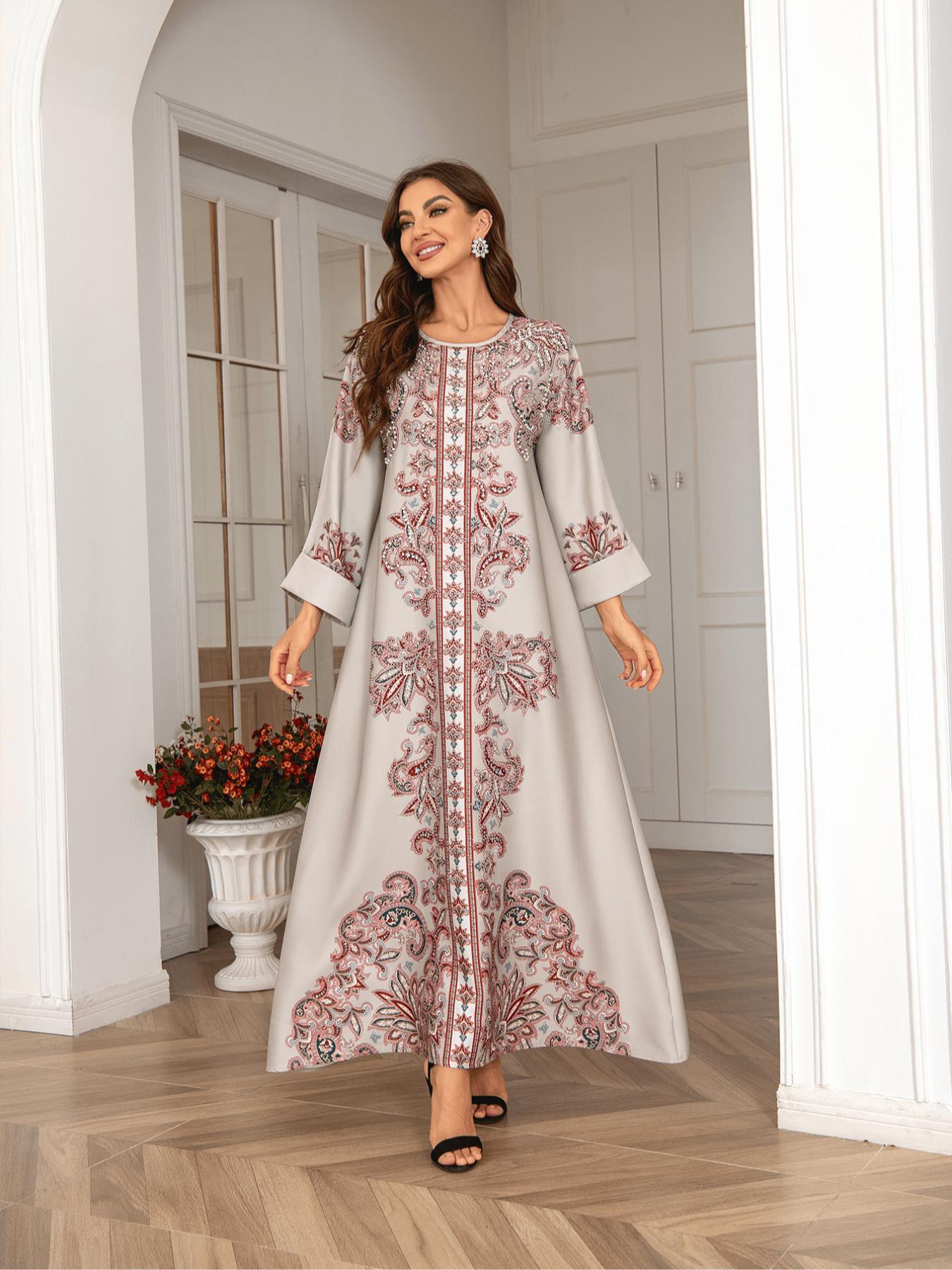 Elegant Boho Muslim Women's Long Robe, All over Print, Loose-Fitting, Round Neck, Flap Sleeves, Long Sleeve, All Seasons Elegant Boho Muslim Women's Long Robe, All over Print, Loose-Fitting, Round Neck, Flap Sleeves, Long Sleeve, All Seasons