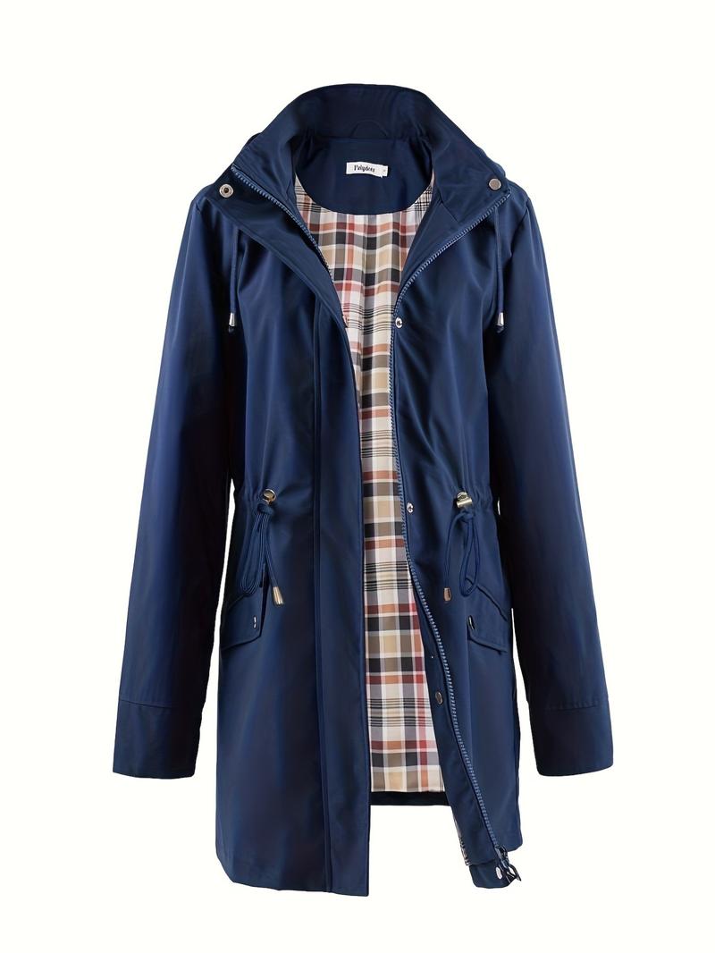 Women's Solid Color Drawstring Zip-Up Hooded Trench Coat Long Sleeve Waterproof Windproof Soft Comfortable Casual Outerwear Suitable For Spring Fall Daily Wear Outings Women's Solid Color Drawstring Zip-Up Hooded Trench Coat Long Sleeve Waterproof Windproof Soft Comfortable Casual Outerwear Suitable For Spring Fall Daily Wear Outings