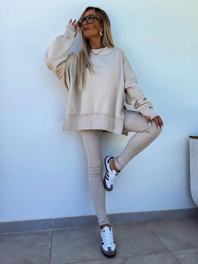 Oversize Two-Piece Set Women's  Split Hem Sweatshirt & Skinny Pants, Casual Fashion Cozy Round Neck Long Sleeve Pullover Women's Clothing for Fall & Basic Winter  Suits Womenswear Gamis