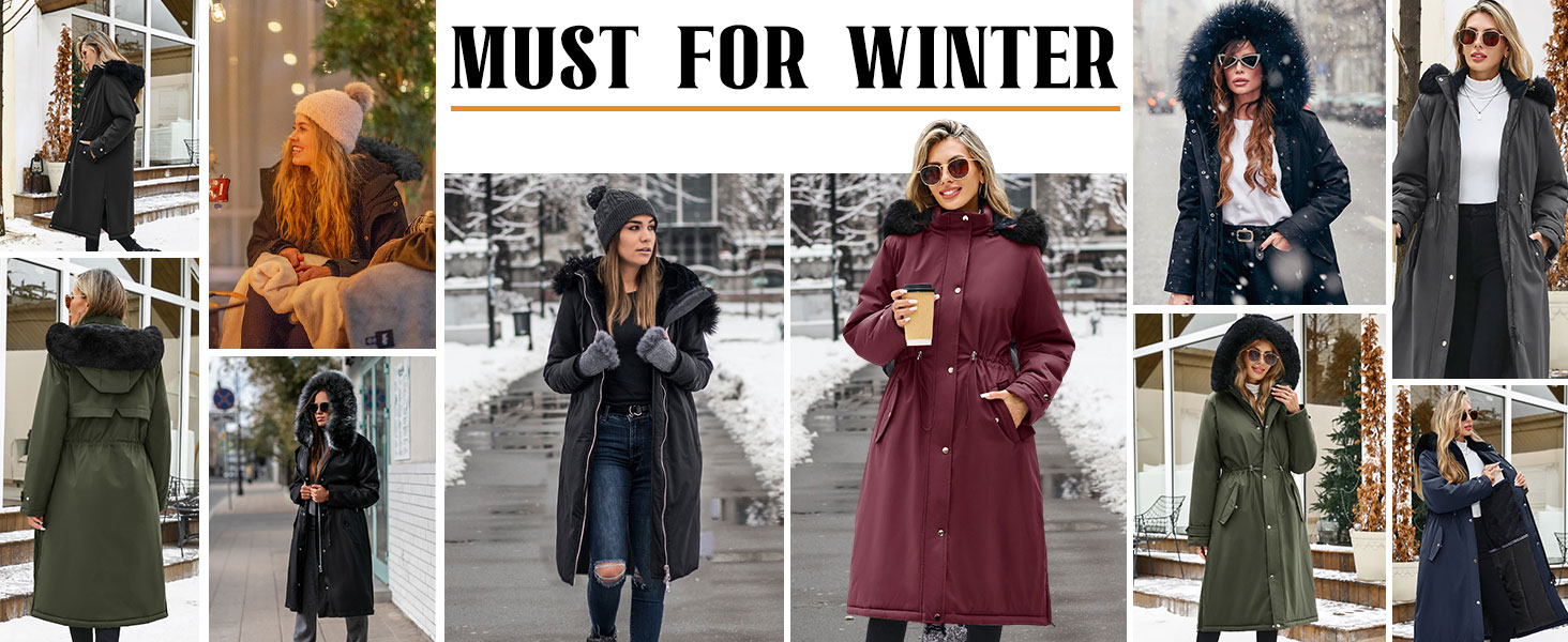 Text reads 'MUST FOR WINTER'. Fashion collage showing eight different winter coat styles in colors including burgundy, olive green, and black, styled with various accessories.