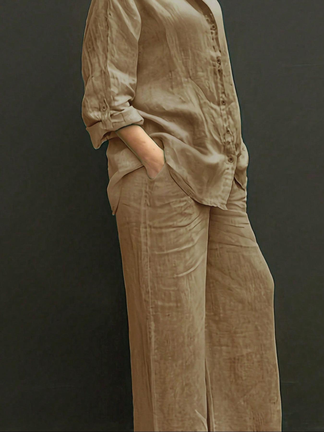 Women's Solid Color Shirt & Wide Leg Pants Set, Casual Fashion Cozy Breathable Two-piece Outfits for Daily Outdoor Wear, Women Clothes for Spring Fall Women's Solid Color Shirt & Wide Leg Pants Set, Casual Fashion Cozy Breathable Two-piece Outfits for Daily Outdoor Wear, Women Clothes for Spring Fall