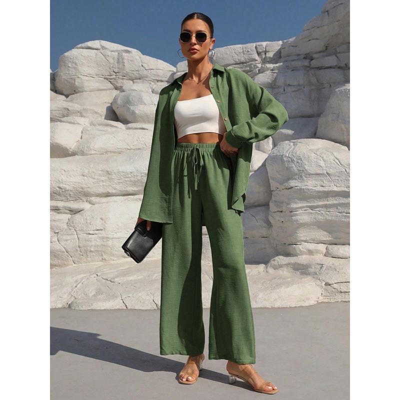 Women's Solid Button Front Shirt & Tie Front Wide Leg Pants Two-piece Set, Casual Drop Shoulder Long Sleeve Blouse Top & Trousers 2 Piece Set for Spring & Fall, Women's Clothes for Daily Wear Womenswear Suits Apricot Basic Minimalist Women's Solid Button Front Shirt & Tie Front Wide Leg Pants Two-piece Set, Casual Drop Shoulder Long Sleeve Blouse Top & Trousers 2 Piece Set for Spring & Fall, Women's Clothes for Daily Wear Womenswear Suits Apricot Basic Minimalist