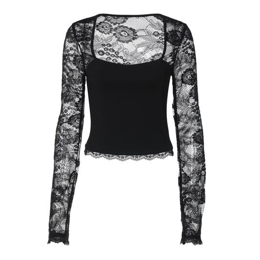 Women's Solid Color Lace Floral Spliced Ruffles Trim Sheer Long Sleeve Tee, Sexy Flower Pattern Designed Slim-fit T-shirt for Party Club Holiday, Ladies Summer Clothes, Top Women's Solid Color Lace Floral Spliced Ruffles Trim Sheer Long Sleeve Tee, Sexy Flower Pattern Designed Slim-fit T-shirt for Party Club Holiday, Ladies Summer Clothes, Top