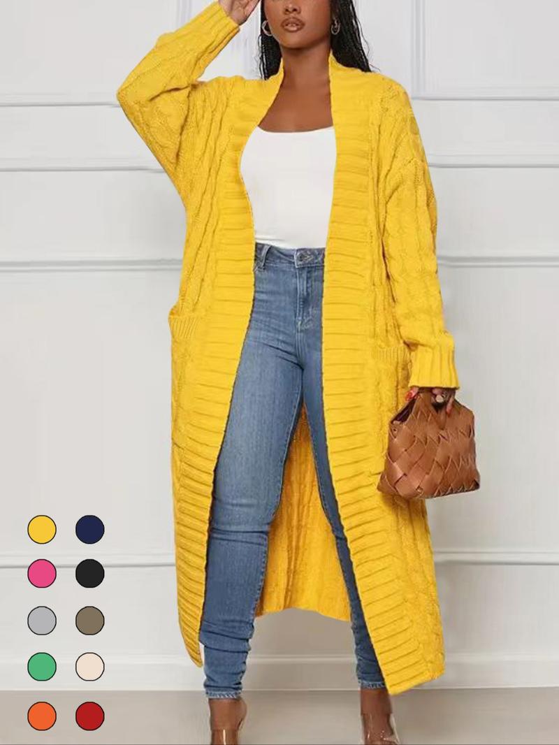 Women's Solid Color Textured Drop Shoulder Pocket Longline Cardigan, Casual Open Front Knitwear for Fall & Winter, Women's Knit Clothing for Daily Wear, Sweaters for Women, Trending Clothing Women, Going Out Tops, Womenswear, Yellow