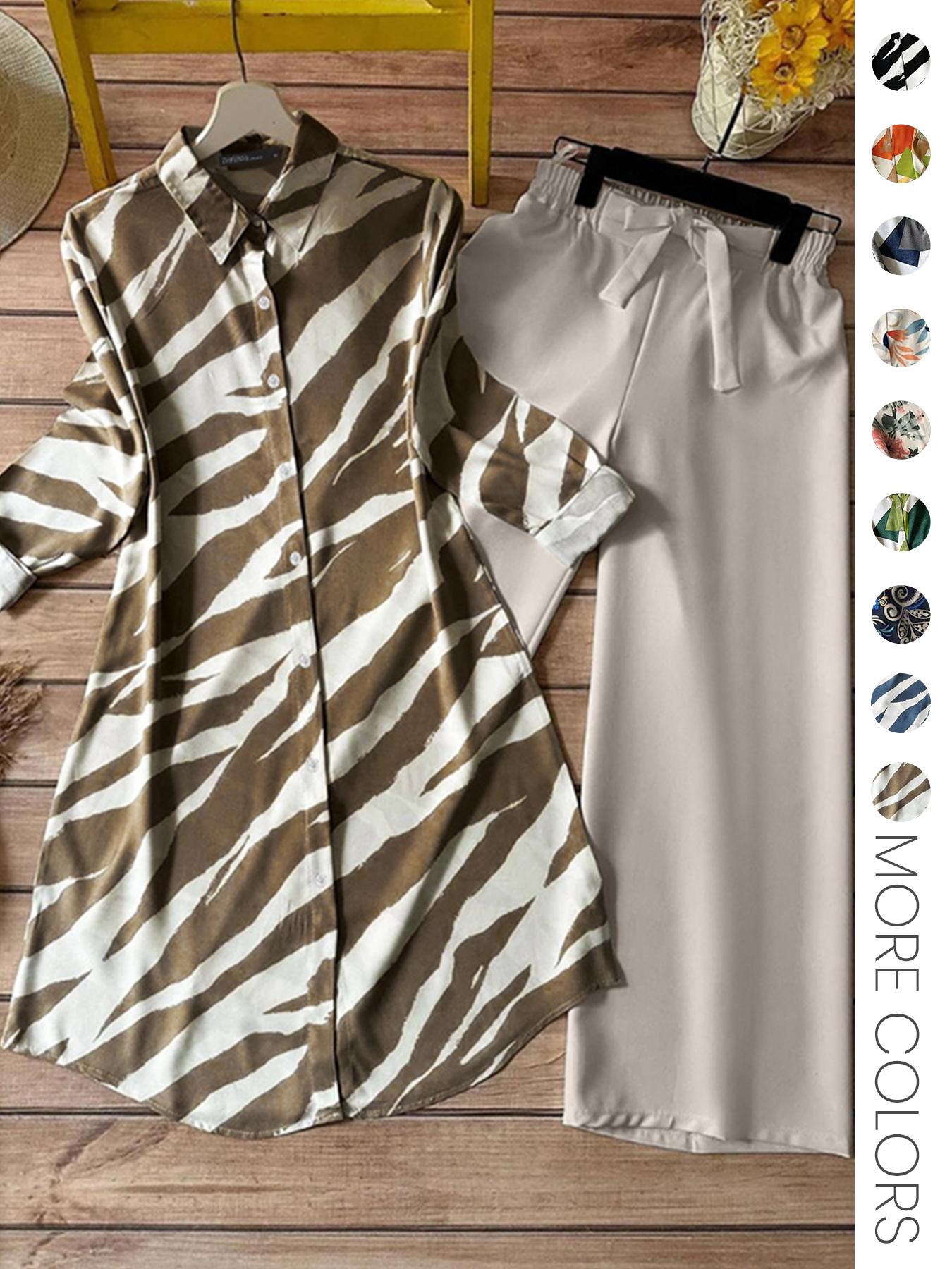 Two-piece Women's All-Over Print Button Shirt & Wide Leg Pants Set, Casual Long Sleeve Collared Top & Trousers for Daily Wear, Ladies Clothes for All Seasons Two-piece Women's All-Over Print Button Shirt & Wide Leg Pants Set, Casual Long Sleeve Collared Top & Trousers for Daily Wear, Ladies Clothes for All Seasons