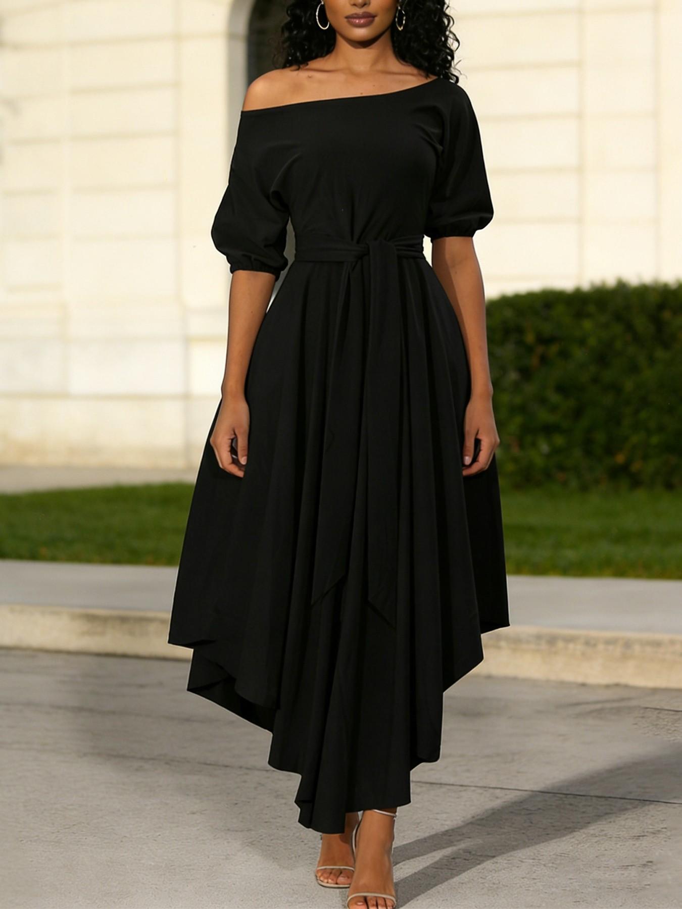 Women's Plain Belted Split Boat Neck Dress, Elegant Bishop Sleeve A Line Dress for Summer, Summer Outfits 2024, Fashion Women's Dress for Casual Daily Wear, Womenswear Women's Plain Belted Split Boat Neck Dress, Elegant Bishop Sleeve A Line Dress for Summer, Summer Outfits 2024, Fashion Women's Dress for Casual Daily Wear, Womenswear