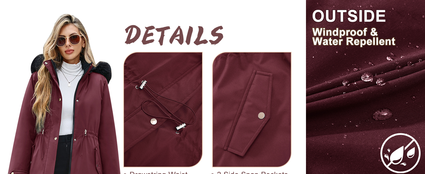 Text reads 'DETAILS' and 'OUTSIDE'. Product detail views showing burgundy-colored garment with close-up shots of pockets, zippers, and material texture.