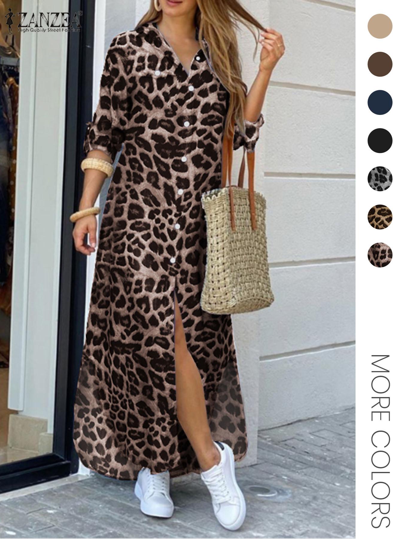Women's Leopard Print Button Front Flap Pocket Shirt Fabric Dress, Casual Curved Hem Long Sleeve Collared Long Dress for Daily Wear, Ladies' Clothes for All Seasons, Womenswear Women's Leopard Print Button Front Flap Pocket Shirt Fabric Dress, Casual Curved Hem Long Sleeve Collared Long Dress for Daily Wear, Ladies' Clothes for All Seasons, Womenswear