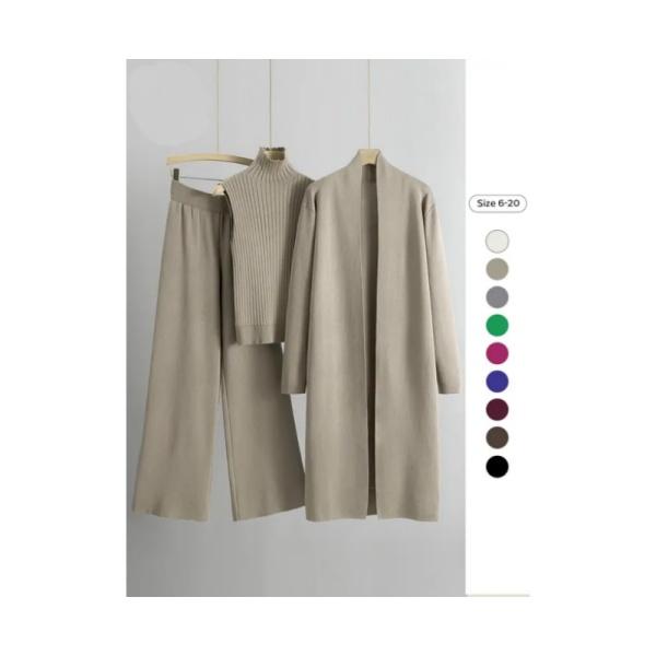 Trendy Knit Turtle Neck Tank & Wide Leg Trousers with Open-front Long Cardigan Three-piece Clothes Sets, Casual Womenswear Trendy Knit Turtle Neck Tank & Wide Leg Trousers with Open-front Long Cardigan Three-piece Clothes Sets, Casual Womenswear