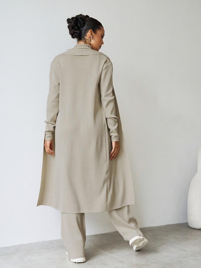 Trendy Knit Turtle Neck Tank & Wide Leg Trousers with Open-front Long Cardigan Three-piece Clothes Sets, Casual Womenswear