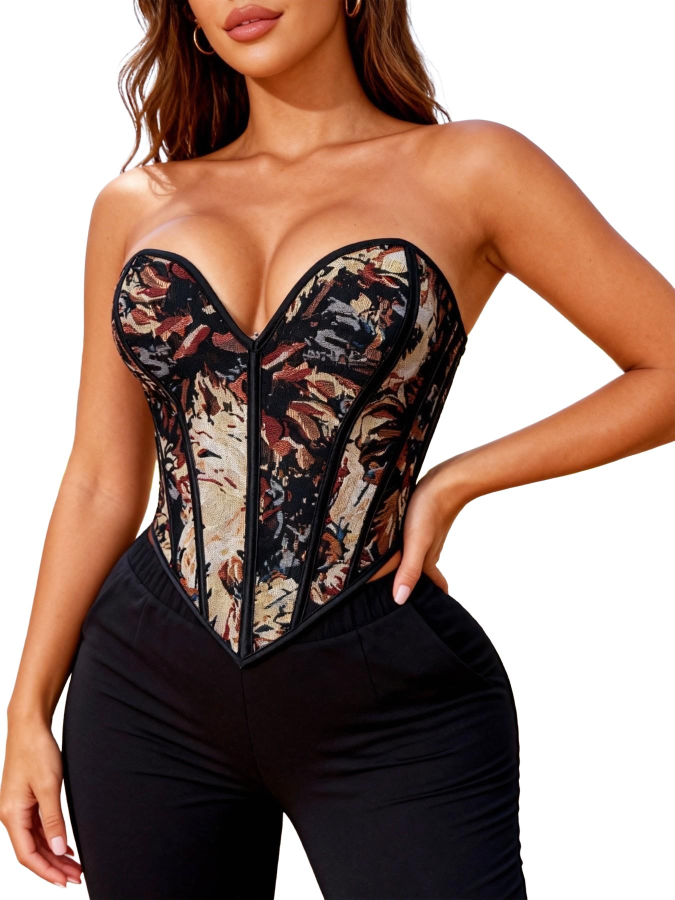 Women's Floral Print Shapewear Tops, Fashionable Lace Up Closure Corset, Tummy Control Shaper for Women Women's Floral Print Shapewear Tops, Fashionable Lace Up Closure Corset, Tummy Control Shaper for Women