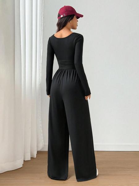 Women's Fall Winter Knit Wide Leg Jumpsuit, Casual Fashion Plain Color Round Neck One-Piece, Versatile Long Sleeve Romper Women's Fall Winter Knit Wide Leg Jumpsuit, Casual Fashion Plain Color Round Neck One-Piece, Versatile Long Sleeve Romper