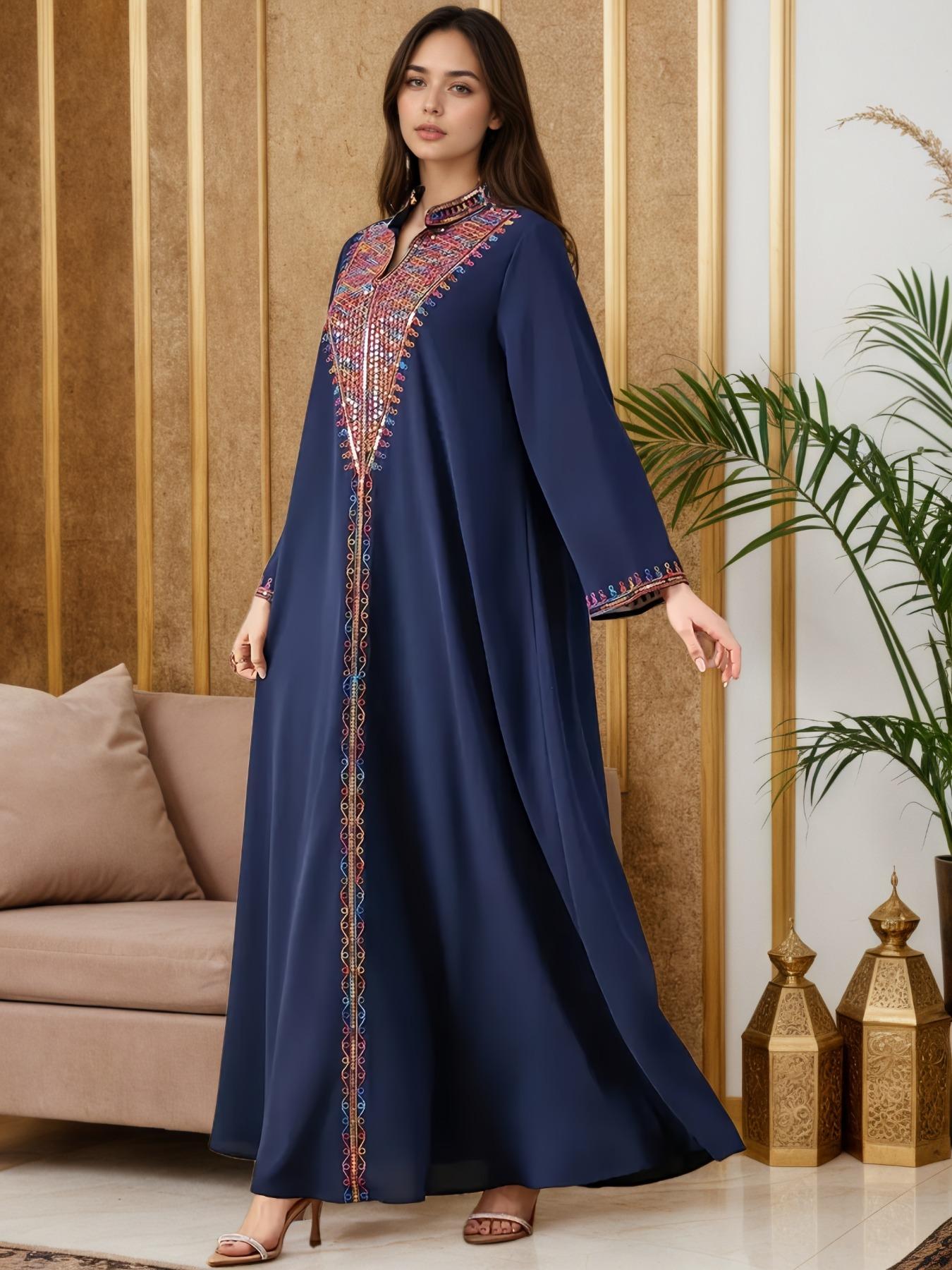 Elegant Muslim Women's Long Robe with Colorful Embroidery, Perfect for All Seasons, Stylish and Comfortable Clothing, Muslim Women Gowns Elegant Muslim Women's Long Robe with Colorful Embroidery, Perfect for All Seasons, Stylish and Comfortable Clothing, Muslim Women Gowns