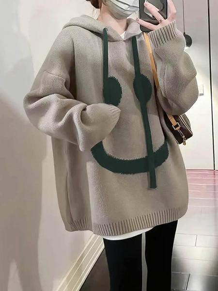 Women's Cartoon Face Print Drop Shoulder Hooded Sweater, Fashion Casual Long Sleeve Drawstring Hooded Sweater for Daily Holiday Outdoor Wear, Women Knitwear for Fall & Winter, Sweaters for Women Women's Cartoon Face Print Drop Shoulder Hooded Sweater, Fashion Casual Long Sleeve Drawstring Hooded Sweater for Daily Holiday Outdoor Wear, Women Knitwear for Fall & Winter, Sweaters for Women