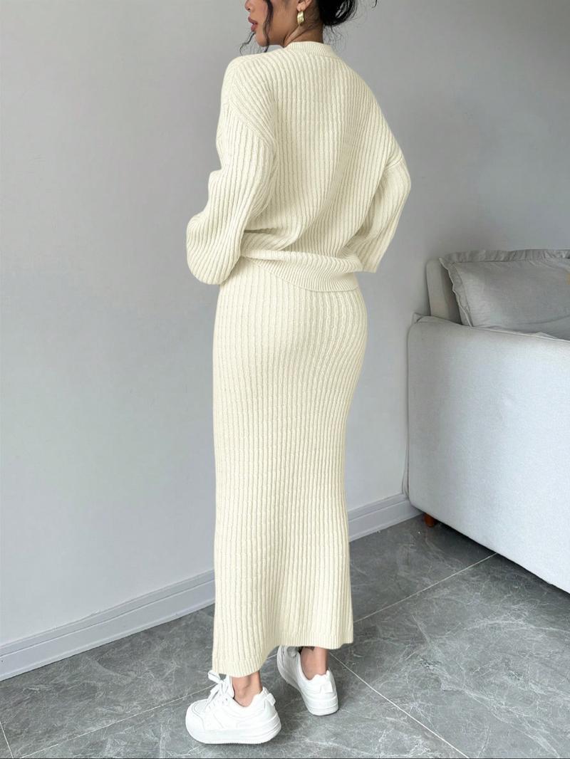 Women's Solid Button Front Sweater & Long Skirt Two-piece Set, Casual Drop Shoulder Long Sleeve Knit Top & High Waist Skirt for Daily Outdoor Wear, Women's Knitwear for Fall & Winter Women's Solid Button Front Sweater & Long Skirt Two-piece Set, Casual Drop Shoulder Long Sleeve Knit Top & High Waist Skirt for Daily Outdoor Wear, Women's Knitwear for Fall & Winter