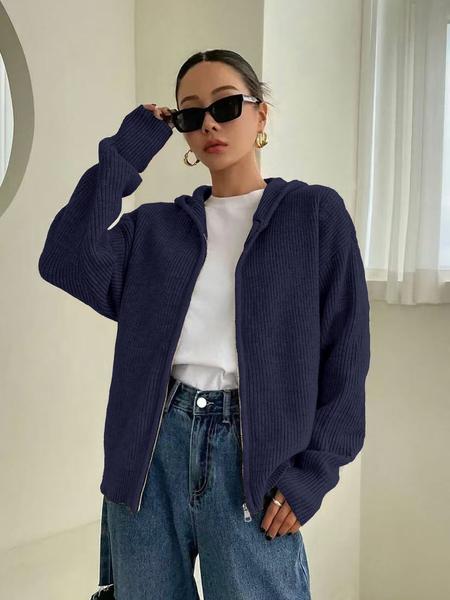 Women's Solid Color Zip Up Hooded Sweater Cardigan, Casual Long Sleeve Knitwear for Fall & Winter, Fashion Ladies' Knit Clothing for Daily Wear