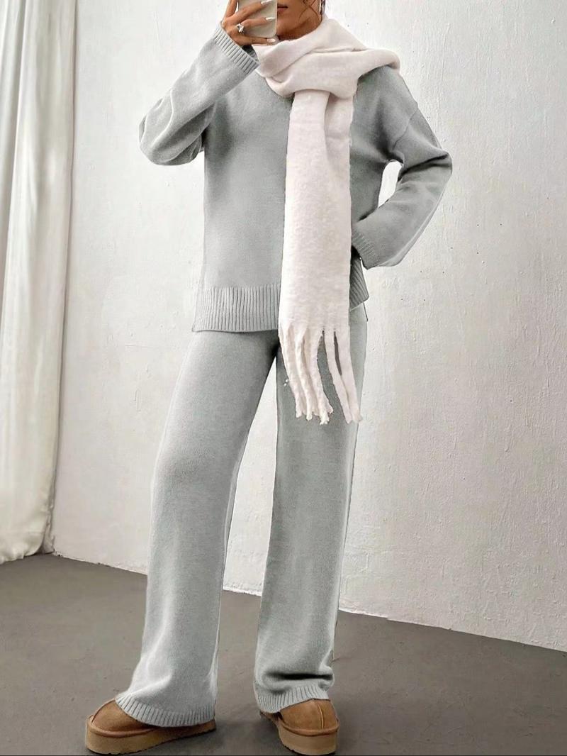 Women's Solid Drop Shoulder Split Hem Sweater & Elastic Waist Straight Leg Pants Two-piece Set, Casual Fashion Cozy Knitwear Set for Daily Outdoor Wear, Women Knitwear for Fall & Winter, Womenswear Women's Solid Drop Shoulder Split Hem Sweater & Elastic Waist Straight Leg Pants Two-piece Set, Casual Fashion Cozy Knitwear Set for Daily Outdoor Wear, Women Knitwear for Fall & Winter, Womenswear