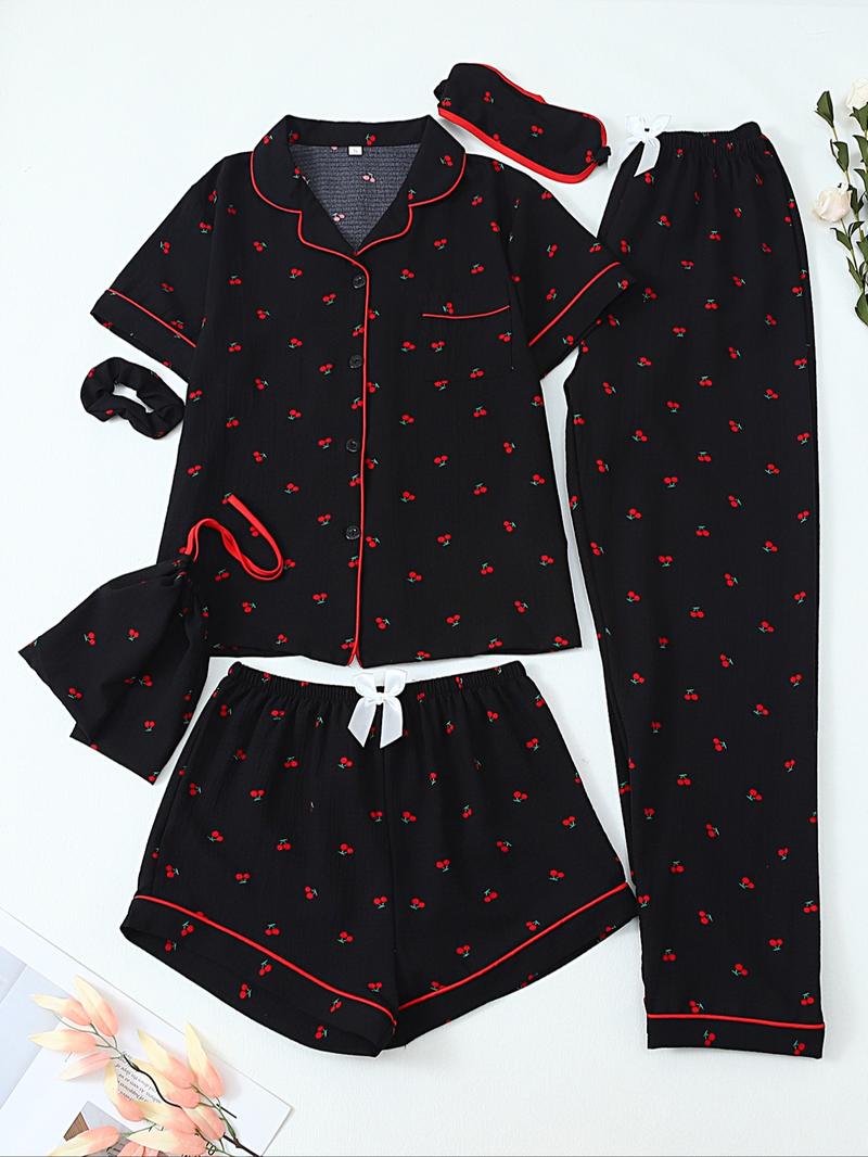 Women's All Over Print Top & Shorts & Pants & Accessories Pyjama Set, Casual Comfy Pj Set, Ladies Sleepwear for All Seasons Women's All Over Print Top & Shorts & Pants & Accessories Pyjama Set, Casual Comfy Pj Set, Ladies Sleepwear for All Seasons