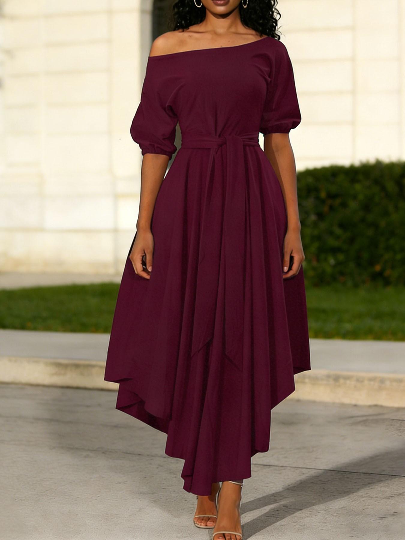 Women's Plain Belted Split Boat Neck Dress, Elegant Bishop Sleeve A Line Dress for Summer, Summer Outfits 2024, Fashion Women's Dress for Casual Daily Wear, Womenswear Women's Plain Belted Split Boat Neck Dress, Elegant Bishop Sleeve A Line Dress for Summer, Summer Outfits 2024, Fashion Women's Dress for Casual Daily Wear, Womenswear