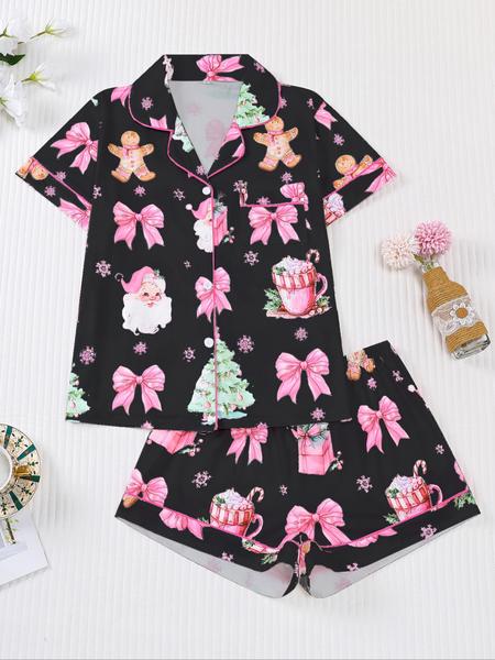 【christmas】Women's Christmas Pajama Set, Santa Cookie Print, Short Sleeve Button-up Top & Elastic Shorts, Casual All-season Sleepwear, Christmas Pyjamas, Loungewear 【christmas】Women's Christmas Pajama Set, Santa Cookie Print, Short Sleeve Button-up Top & Elastic Shorts, Casual All-season Sleepwear, Christmas Pyjamas, Loungewear